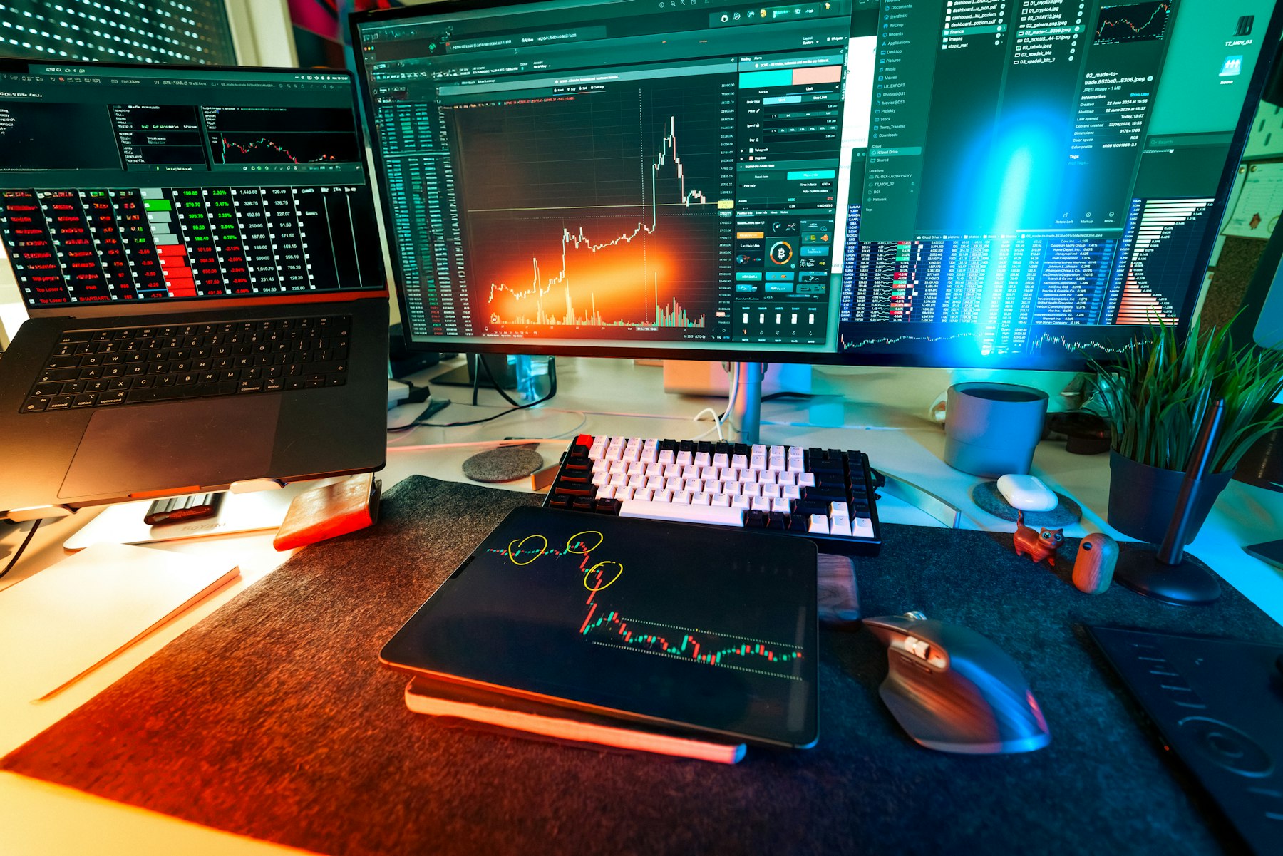A dark desk lit by market screens.